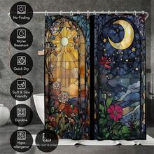 1pc Moon & Sun Pattern Semi-Transparent Waterproof Shower Curtain, Bathroom Thermal Insulation Curtain With Lining, Comes With Plastic Hooks And Metal Grommets For Durability - Multicolor - View 3