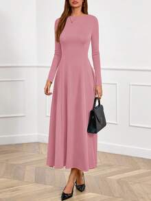 Women Fall Dresses Boat Neck Long Sleeve High Waist A-Line Flowy Knit Party Maxi Dress Spring Autumn Evening Formal Wedding Party Valentine Long Dress Outfits - Hồng - Xem 5