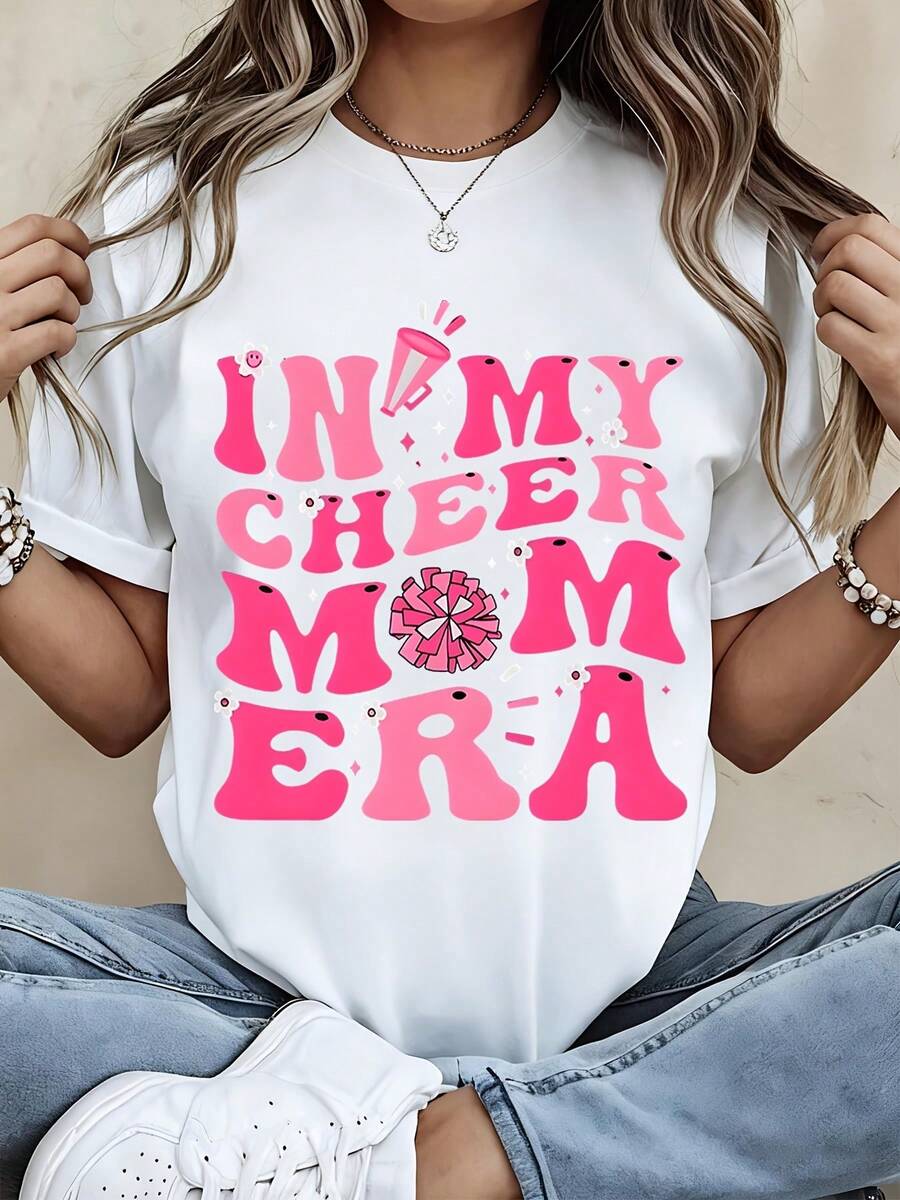 In My Cheer Mom Era T Shirt For Women Cheerleading Mom Gift Pink Graphic Tee Fashion Statement Top - 白色 - 查看 1