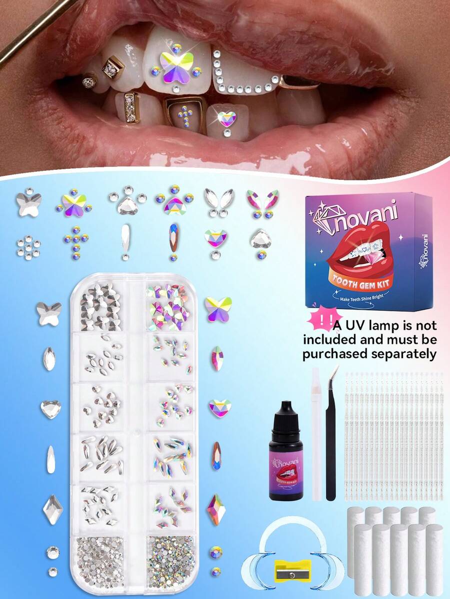 290pcs Tooth Gem Kit,12 Grid Y2K DIY Crystals Jewelry Kit (With Teeth Gems Glue), Professional Fashionable Tooth Gems For Teeth, Teeth Jewelry Starter Kit (NO UV Light) - Multicolor - View 1