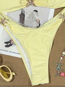 مجموعة بكيني نسائية جميلة وجذابة - طبعة نجمة البحر، قماش عالي المرونة، سروال سباحة أصفر، مثالي للعطلات الشاطئية - أصفر فاتح - مشاهدة 4