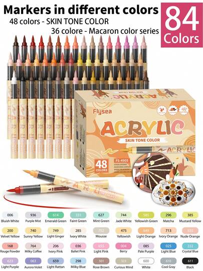 96色丙烯马克笔套装，12/24/36/48支装，包含48种肤色、36种马卡龙色和8种配色方案，适用于绘画、涂色等专业艺术用途，是学生返校礼物、万圣节、圣诞节、复活节等节日礼物的理想之选，男女学生皆宜，也是教师奖励的绝佳选择。