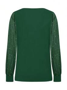 Deep Green Round Neck Sequin Mesh Patchwork Long Sleeve Top, Lantern Sleeve Design, Slimming & Versatile For Women, Spring/Summer, Suitable For Dates, Commuting, Festivals, Beach Outfits - Dark Green - View 2