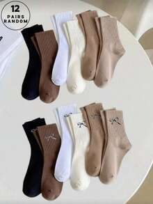 1/12 双装 女士中性色蝴蝶结装饰时尚中筒袜 - 彩色 - 查看 7