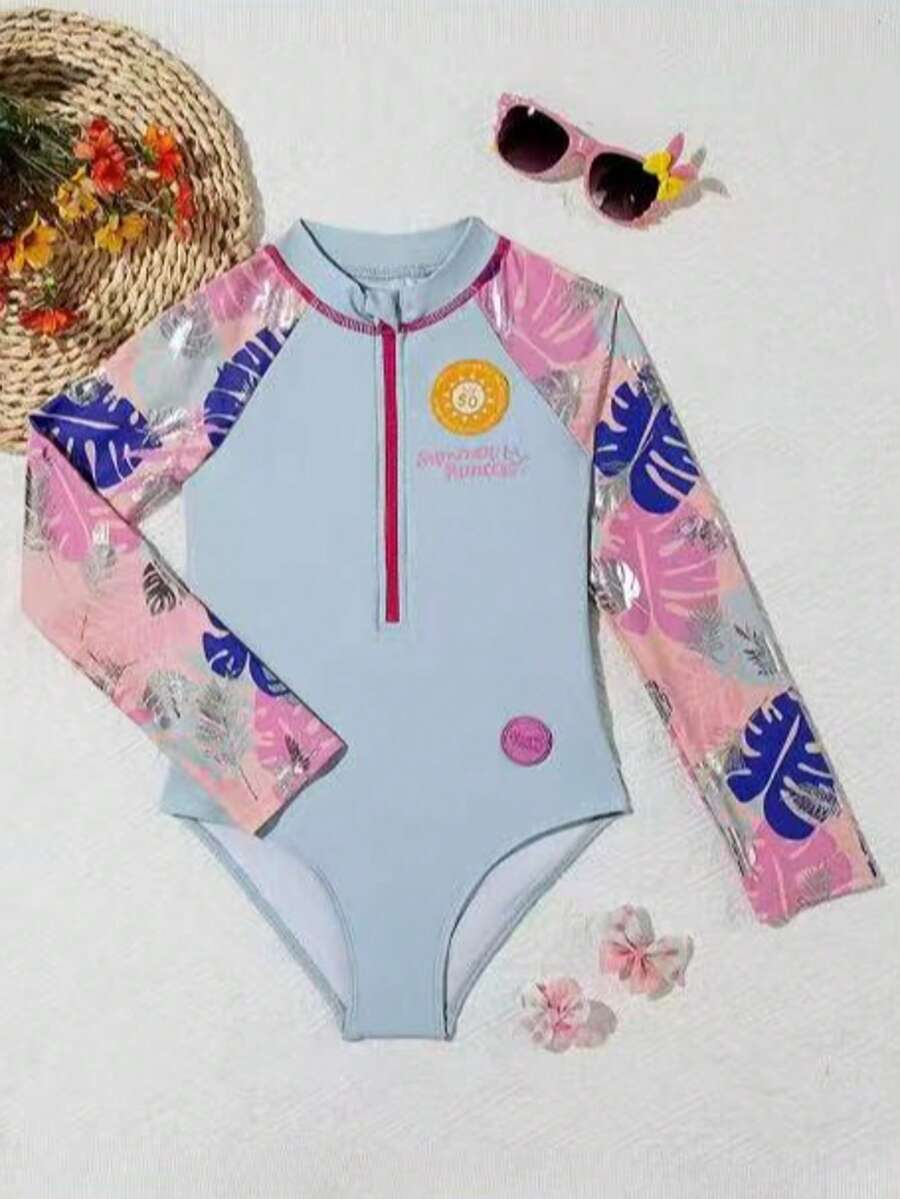 Maiô de Uma Peça com Manga Raglan Proteção Solar UV50+ Natação e Estampada para Menina Pré-Adolescente - Azul - Visão 1