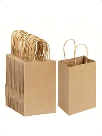 12个带提手的棕色牛皮纸手提袋，小型纸质礼品袋，可用于装食品、烘焙食品、购物袋和节日派对礼品袋