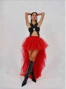 1件女士不对称下摆红色哥特式薄纱裙，三层网纱+一层衬里，及地长裙，适合婚礼、派对、表演、角色扮演、舞台演出 - 彩色 - 查看 3