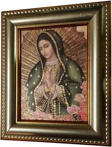Cuadro Religioso de la Virgen de Guadalupe, Marco Plateado de Lujo con Detalles Perlados, Litografía en Lino, 18 x 15, Acabado Mate, Decoración Devocional - 1 - Ver 2
