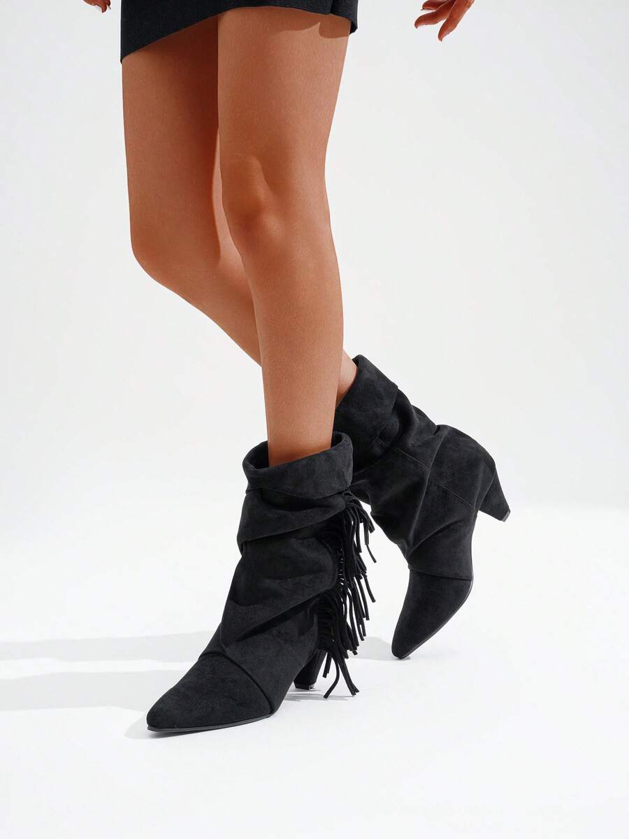 Women's Slouchy Fringe Boots – Gathered Pointed Toe Mid Heel Boho Boots Without Zipper - 黑色 - 查看 1