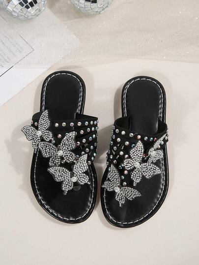 A Pair Of Fashionable Princess Shoes For Girls, Soft-Soled Sandals With Imitation Rhinestones And Bows Suitable For Little Girls, Children's Shoes With Rhinestones, Personalized, Fashionable, Comfortable, Versatile , For Daily Beach Use