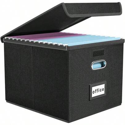 File Organizer Box, Upgraded Large Linen Hanging Office Document Storage Box With Lid, Collapsible Filing Storage Boxes, Filing Box Cabinet Office Home, Black