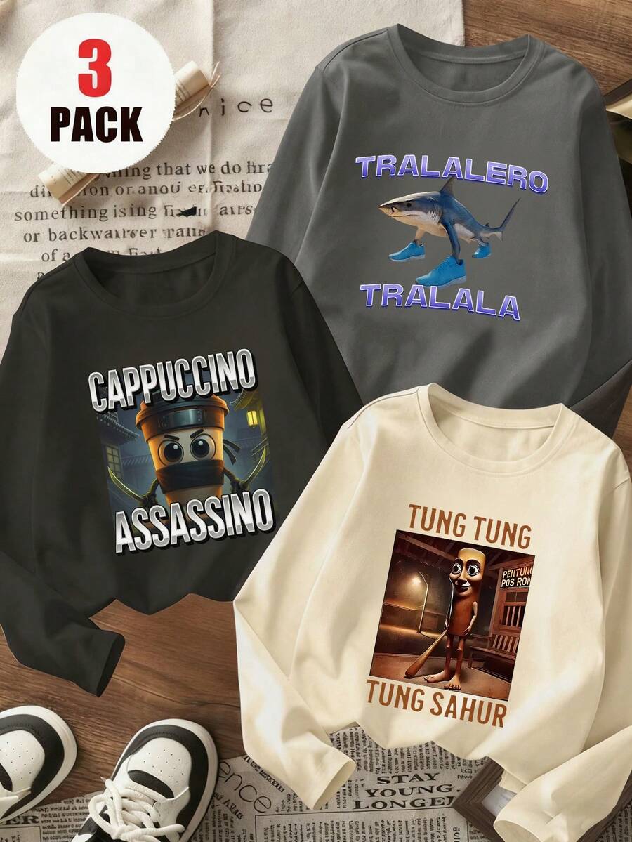 3件装青少年男童“意大利脑残粉”图案印花圆领短袖T恤，夏季上衣 - 深灰色 - 查看 1