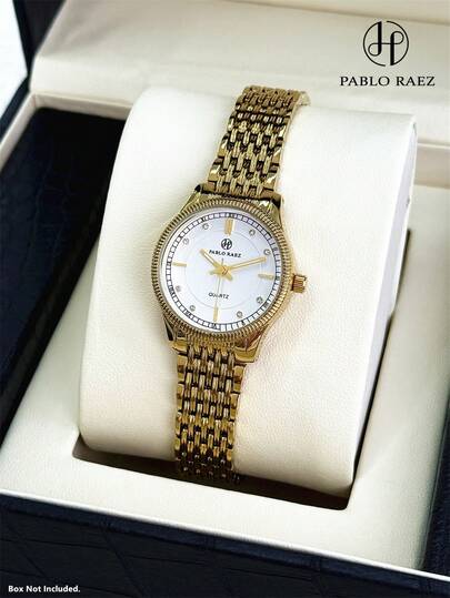  1 pieza Reloj de joyería dorado para damas Pablo Raez, reloj de pulsera original y encantador, accesorio de lujo de acero inoxidable, reloj elegante de vestir de metal y acero, cadena de pulsera dorada que no se mancha, nuevo y de diseño vintage para fiesta de niñas, reloj de cuarzo a la moda