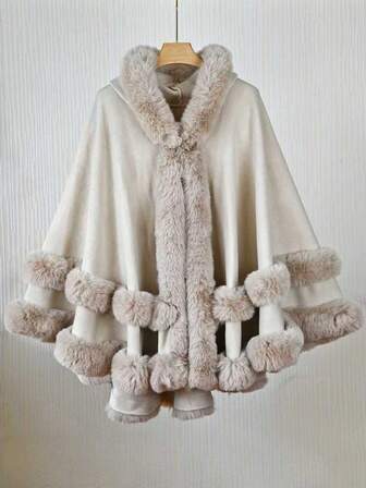 1 st elegant enfärgad fuskkaninpälskrage med huva och stickad kappa för kvinnor, moderiktig mångsidig tjock varm lös kofta, kappa, ytterkläder, lämplig för vardagsbruk, höst/vinter