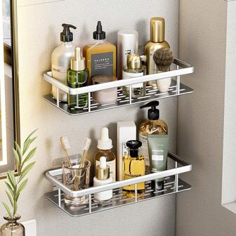 1个免钻孔浴室收纳架 - 防水铝合金整理架，适用于存放洗漱用品/清洁用品 - 也适用于厨房/阳台/梳妆台，款式随机混装