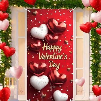 1件装红白气球浪漫情人节主题派对门框背景横幅（70.87x35.43英寸），情人节快乐主题派对装饰，适用于生日、圣诞节、情人节、婚礼 - 2D平面装饰门框道具背景，摄影门廊标志家居装饰