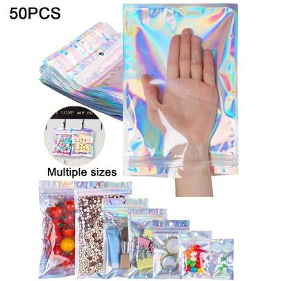 50 túi giấy bạc có thể đóng lại, túi Mylar mọi kích cỡ, túi Holographic, túi đóng gói màu cầu vồng, túi laser tự dán kín, túi Mylar có khóa kéo phẳng với mặt trước trong suốt, túi chống mùi & túi giấy bạc có thể đóng lại túi mẫu Mylar