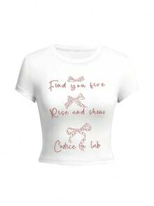 圆领短袖T恤，美式酷女孩风格，夏季新款字母印花，修身露脐女式上衣 - 白色 - 查看 3