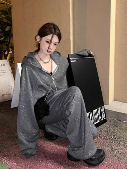 韓国風 キラキラ セットアップ パーカー ワイドパンツ ゆったり ジャージ 上下セット レディース 長袖 カーディガン ロングパンツ 2点セット 体型カバー 普段着 通勤 通学