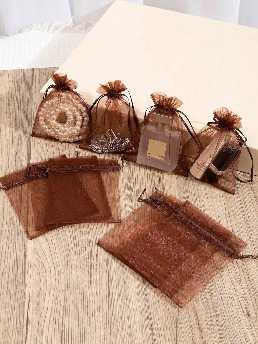 5/20 piĂšces Lot de sacs en organza de couleur unie, sacs cadeaux pour emballage de bonbons et chocolats, sacs en maille, sacs cadeaux Ă cordon pour rangement de bagues et boucles d'oreilles - Marron - Voir 1