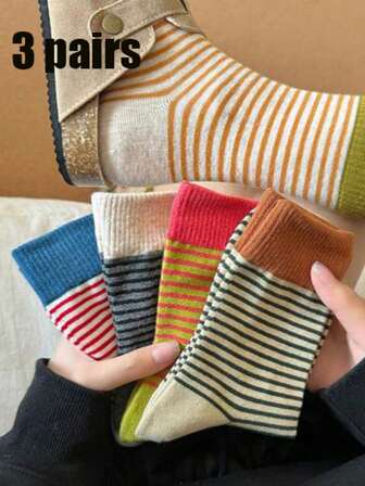 3 Pairs Of Casual Striped Mid-Calf Socks For Women Will Be Randomly Distributed For All Four Seasons