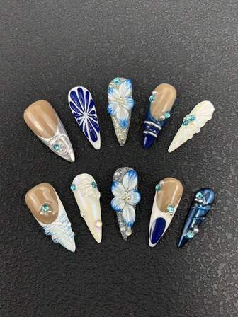 10 Pieces Of Handcrafted Nail Embossing 33mm Stiletto Nails French Gradient Hand-Painted Multicolor 3D Carving Technology Multicolor Decoration Multi-Purpose Suitable For Women To Wear Available In Three Sizes Suitable For Various Occasions, Parties, Dance, And Daily Wear