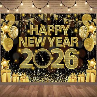 1 pieza Pancarta de fondo con tema de Feliz Año Nuevo, estilo de relojes negros y dorados, fuegos artificiales, globos, regalos, bandera colgante de poliéster, para celebración de fiesta de Año Nuevo 2026, decoración de pared, fondo para photocall, decoración de jardín y patio, decoración de fiesta, regalos de Año Nuevo