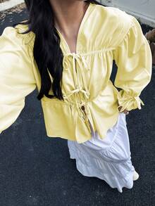 Versatile Non-Skin Tone Specific Essentials, Women's Fashionable Loose Tie-Up Design Blouse - Yellow - View 2