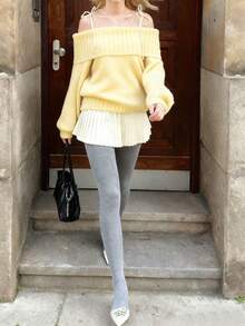 全新女式时尚婚礼纯色休闲长袖褶皱性感露肩单领设计套头毛衣 - 黃色 - 查看 4