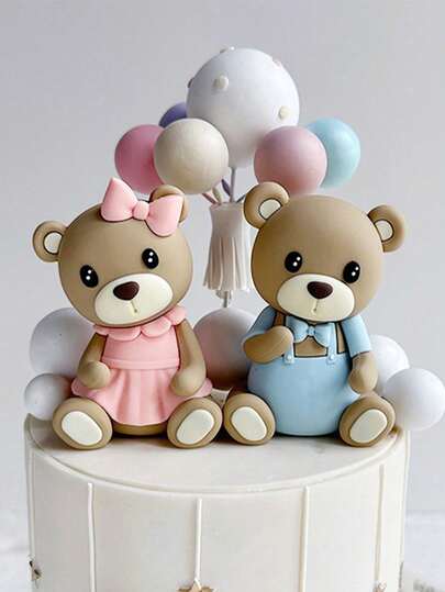 2pcs Cute Bear Cake Toppers, Baby Shower Cake Decorations, Soft Rubber Doll Decor, Teddy Bear Birthday Cake Decorations, Baby Shower Party Decorations, Gender Reveal Party Decor
