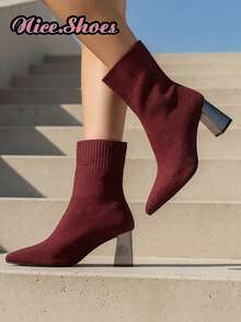 Bottes à talon épais à bout pointu pour femmes 2025, bottes slim élastiques, convenant au printemps, à l'automne, à l'hiver et à toutes les saisons, bottes à talons hauts, type, bottes chaudes noires, bottes à talon épais mi-mollet à talons hauts, chaussures à talons hauts confortables et à bout pointu, bottes élégantes casual, bottes noires, bottes rouges, bottes marron, bottes café, bottes kaki, bottes marron - Rouge foncé - Voir 5