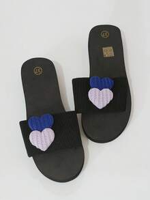 1 Pair Fashionable Woven Heart Pattern Slip-On Sandals With Elastic Band, Suitable For Outdoor Wear - Multicolor - View 7