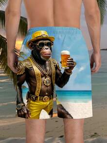 2025 New Men's 3D Beer Chimpanzee Print Beach Shorts - Lightweight Polyester Drawstring Waist Casual Swim Trunks For Summer, Pool, Golf, Fishing & Outdoor Activities, Bathing Suit, Playful Design, Comfortable Fit - 樣式1 - 查看 3