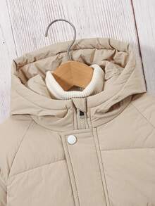 Boys' Casual Thickened Long Sleeve HoodedPadded Coatt, Fashionable For School & Daily Wear, Autumn/Winter - Khaki - View 4