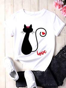 Cute Black Cat With Pink Bow And Heart Tail Love Print Women's T Shirt Casual Top For Everyday Wear - trắng - Xem 2