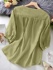 Women's Embroidered Loose Bohemian Vintage Blouse, Casual Spring/Summer Top - Light Green - View 2