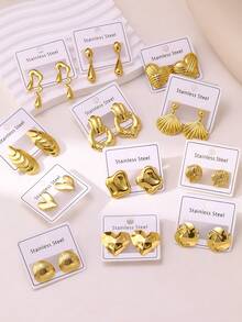 3/5/6/8 Pairs Assorted Asymmetrical Geometric 304 Stainless Steel Earrings, Luxury Versatile Accessories Suitable For Daily, Commute, Vacation, Great Gift For Girlfriend & Best Friend! Cute Earrings, Suitable For Teenagers, Random Delivery - Yellow Gold - View 2
