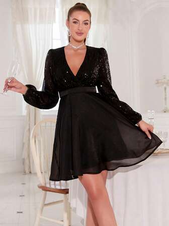 D&M Vestido de fiesta con cuello cruzado y lentejuelas contrastantes, vestido de invitada de boda