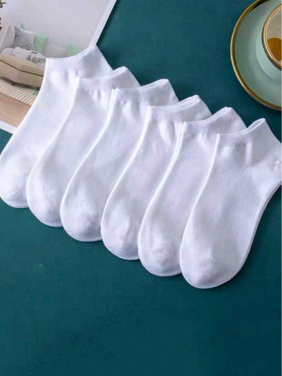 6 Pairs White Casual Ankle Socks (Polyester) - White - View 1