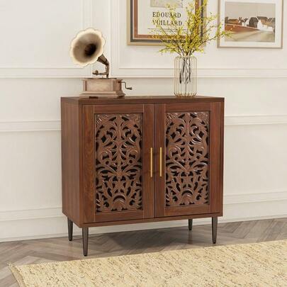 Vintage Hollow Carving Wooden Sideboard Storage Cabinet With 2 Doors - Green & Golden Accents, High-Density Fiberboard, 68.58cm Height, 3, 2 Cu Ft Capacity, Freestanding Design For Living Room, Kitchen, Dining Room, Hallway, Kitchen Storage Cabinet, Elegant Furniture, Intricate Carvings, Durable Construction, Home Decorators