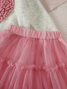 2 Peças Conjunto de Vestido Princesa para Meninas Jovens com Top de Manga Longa Tricotada com Decoração Floral 3D e Coração, Camiseta Fofa e Saia de Tule Camadas, Conjunto de Roupa Doce para Outono/Inverno