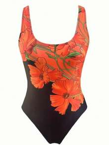 女士度假沙滩性感橙黑撞色印花连体泳衣 - 橘紅色 - 查看 3