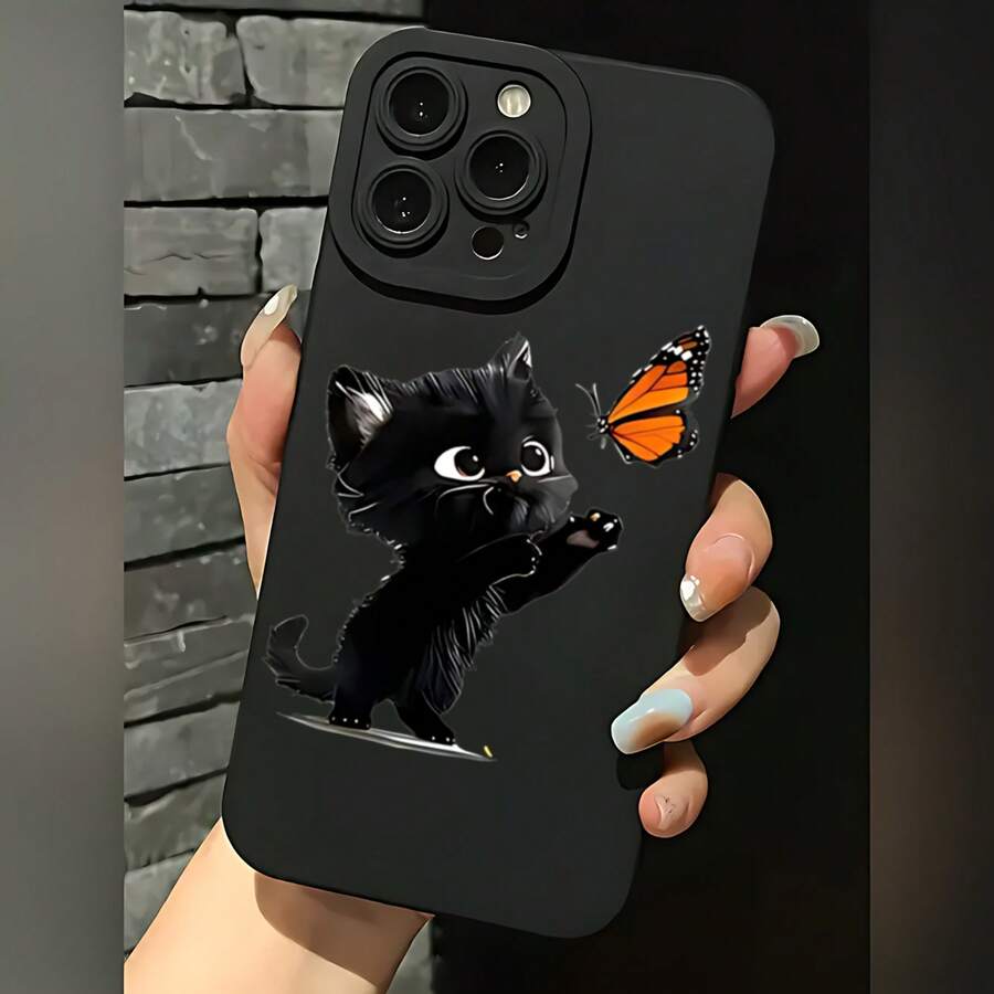 2026 nueva funda de teléfono mate, funda de teléfono con estampado de gato negro y mariposa para  17 14 Pro Max  17 13  17 12  Galaxy S23 S22 S21 funda protectora para teléfono regalo de pareja para novio novia regalo de vacaciones - Blanco antiguo - Ver 1