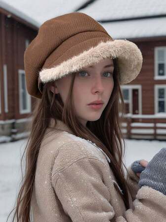 1pc Women's Solid Color Knitted Hat With Fur Trim, 1pc Women's Autumn Warm Windproof Thick Fleece Brim Octagonal Cap, Painter Hat, Newsboy Cap Suitable For Daily Wear, Winter