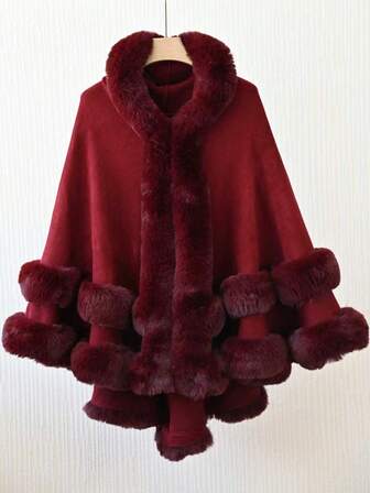 1 st elegant enfärgad fuskkaninpälskrage med huva och stickad kappa för kvinnor, moderiktig mångsidig tjock varm och lös kofta, lämplig för dagligt bruk, höst/vinter