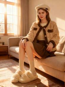 Women's Plush House Slippers, Soft Warm Comfortable Slippers For Winter, Funny Thick-Sole Flat Slippers For Indoor, White Fluffy House Slippers, New Fashion Brown Shoes, Fluffy Faux Fur Slippers, Comfortable Women's Faux Fur Slippers, Casual Open-Toe Fluffy Indoor Slippers - White - View 5