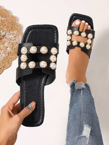 Ximi Ruo Nuevas sandalias de moda casual de primavera/verano con una correa, cómodas sandalias planas de punta redonda para la playa, versátiles sandalias slip-on para mujer - Negro - Ver 4