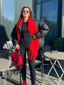 1PC Women's Christmas Red Autumn/Winter Solid Color Versatile College Style Elegant Coarse Beard Thick Warm Scarf, Suitable For Cold Proof Shopping And Dressing In Autumn/Winter Season - Bright Red - View 4