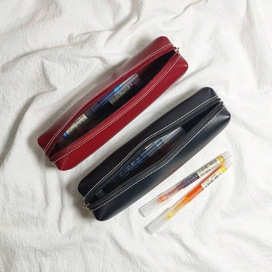 Oily Synthetic Faux Leather Texture Pencil Case - Small Capacity Retro Minimalist School & Office Organizer With Zipper Closure, Black & Burgundy, Durable Stationery Bag For Students, Men & Women, Compact Everyday Carry For Pens, Pencils, Markers & Small Items, Pencil Case Pouch, School Supplies, Sleek Design, Smooth Finish, Workspace Essentials, Minimalist Design, Sturdy Construction, Work From Home, Professional Accessory, Fine Stationery, Work From Home Supplies, Compact Stationery - 黑色 - 查看 1