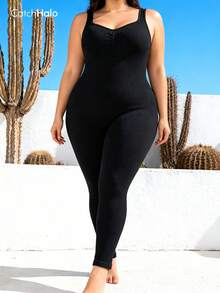 Plus Size Black Seamless Fitted Jumpsuit, Padless, Sleeveless, 4-Way Stretch, Suitable For Yoga, Fitness, Casual Wear Summer - Black - View 11